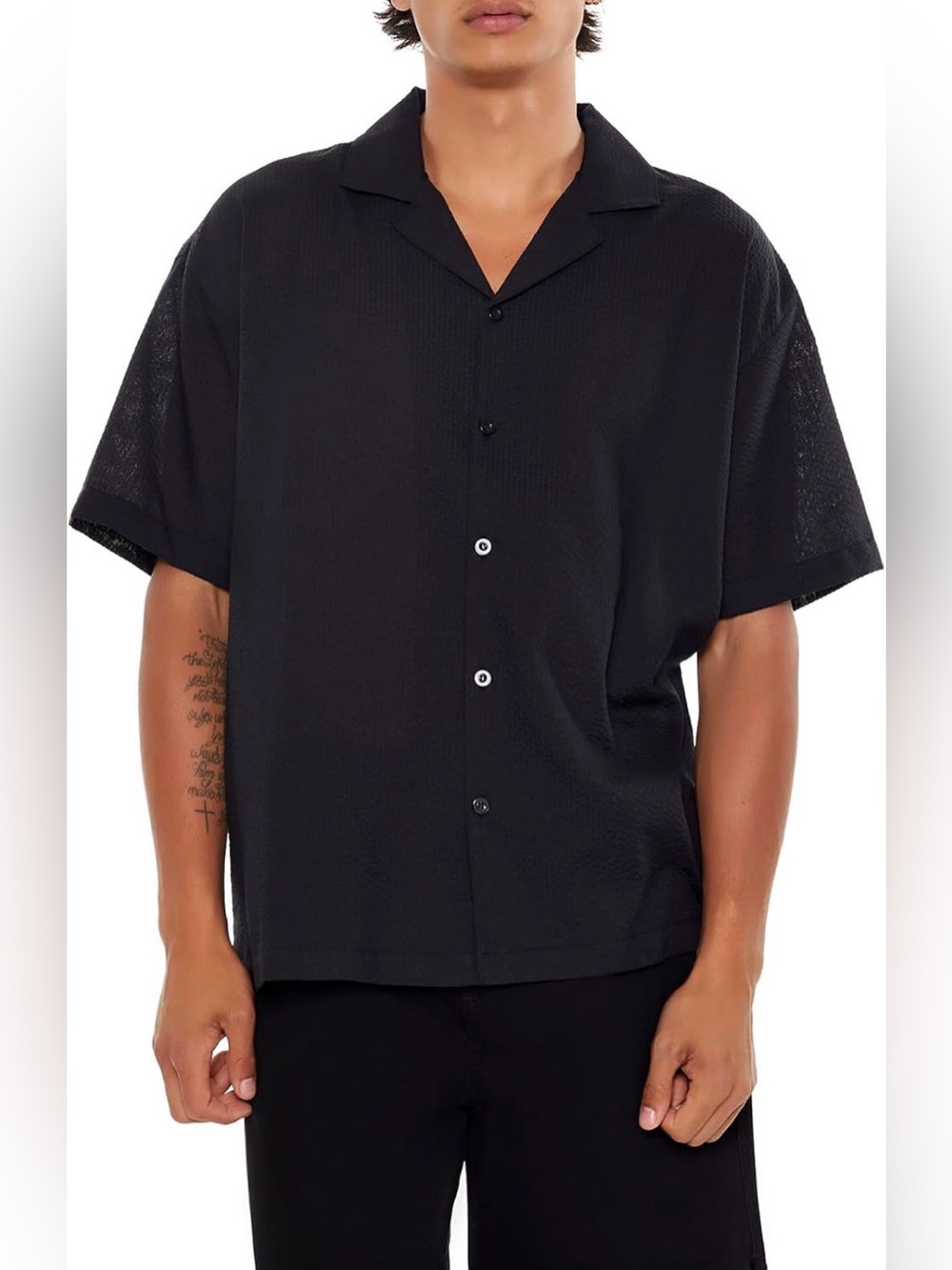 Forever 21 Men's Black Rayon Cuban Collar Shirt, size XL